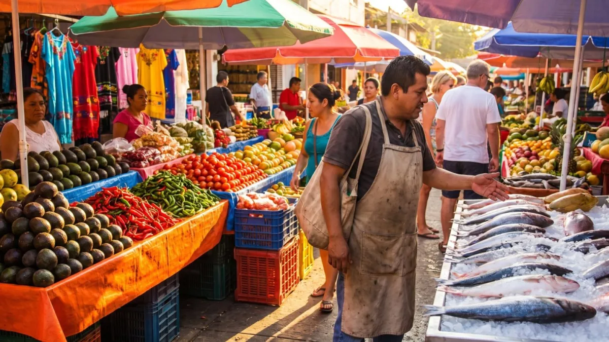 Chef eligiendo pescado fresco y verduras en un puesto de mercado de Puerto Vallarta por la mañana