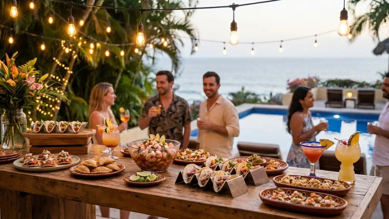 Barra de tacos y ceviche montada por un chef privado en una fiesta familiar junto a la alberca en Puerto Vallarta