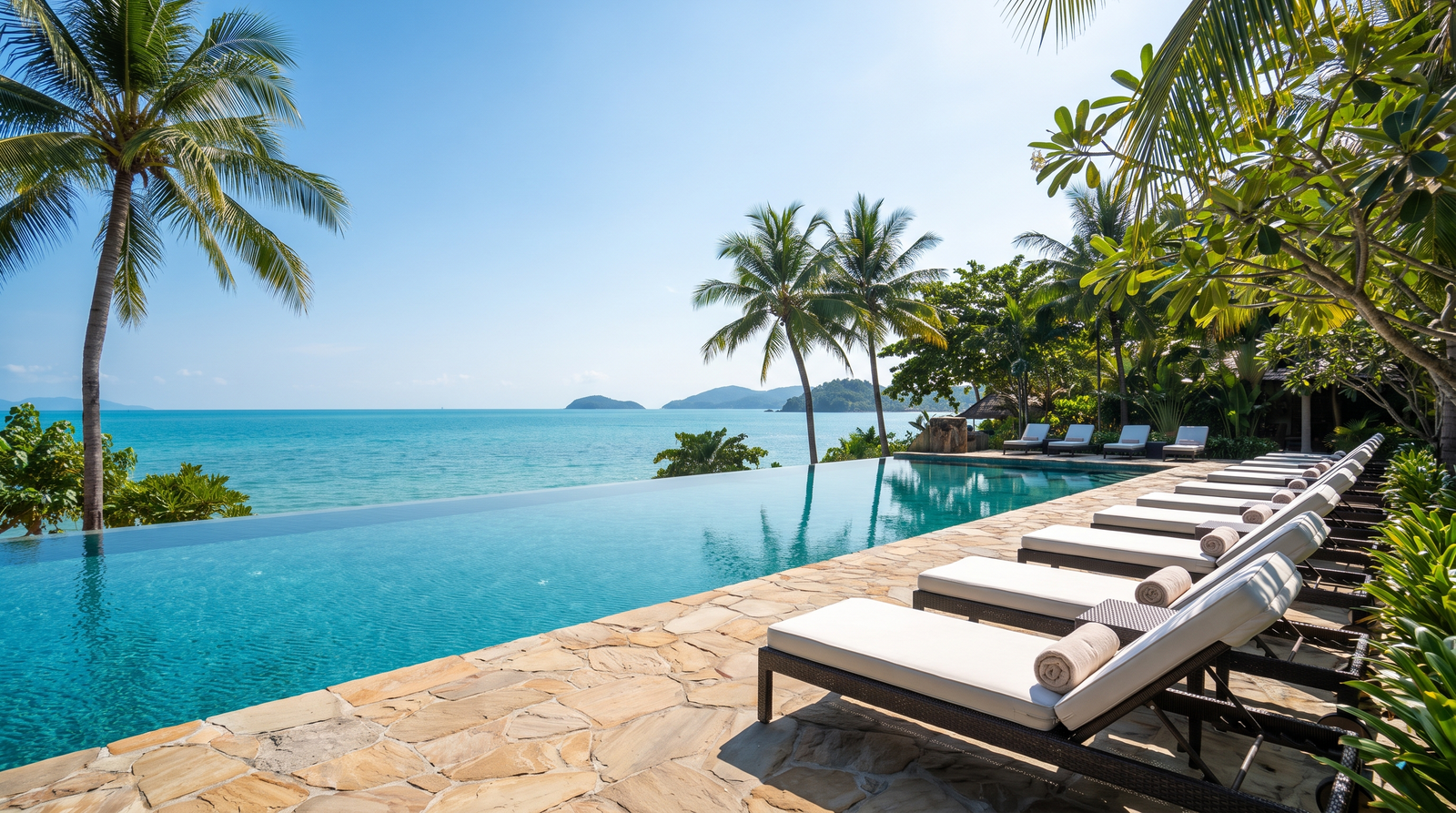 Alberca de un resort todo incluido con vista a la bahía en Puerto Vallarta