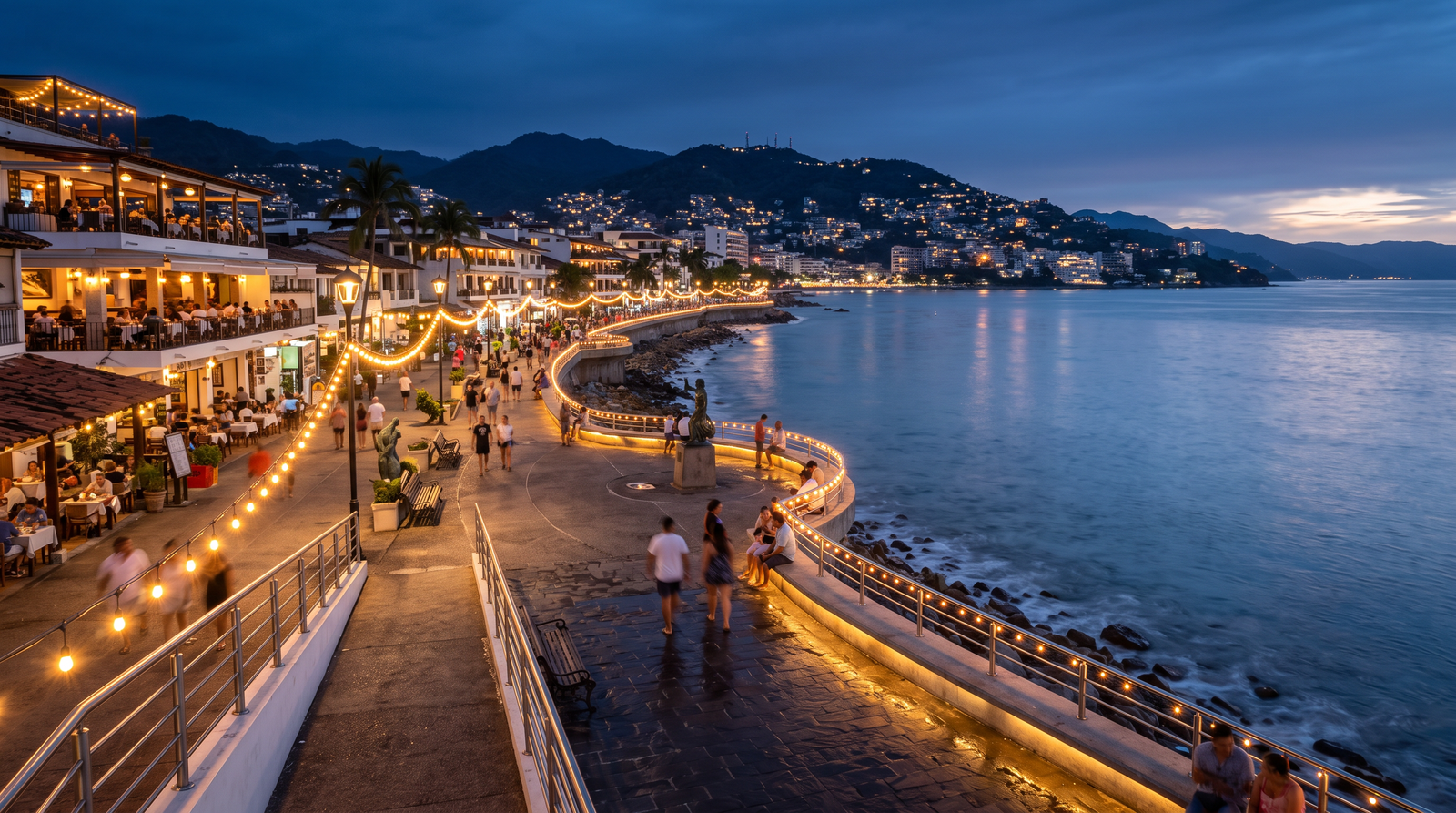 Gente caminando de noche por el Malecón de Puerto Vallarta entre bares y antros