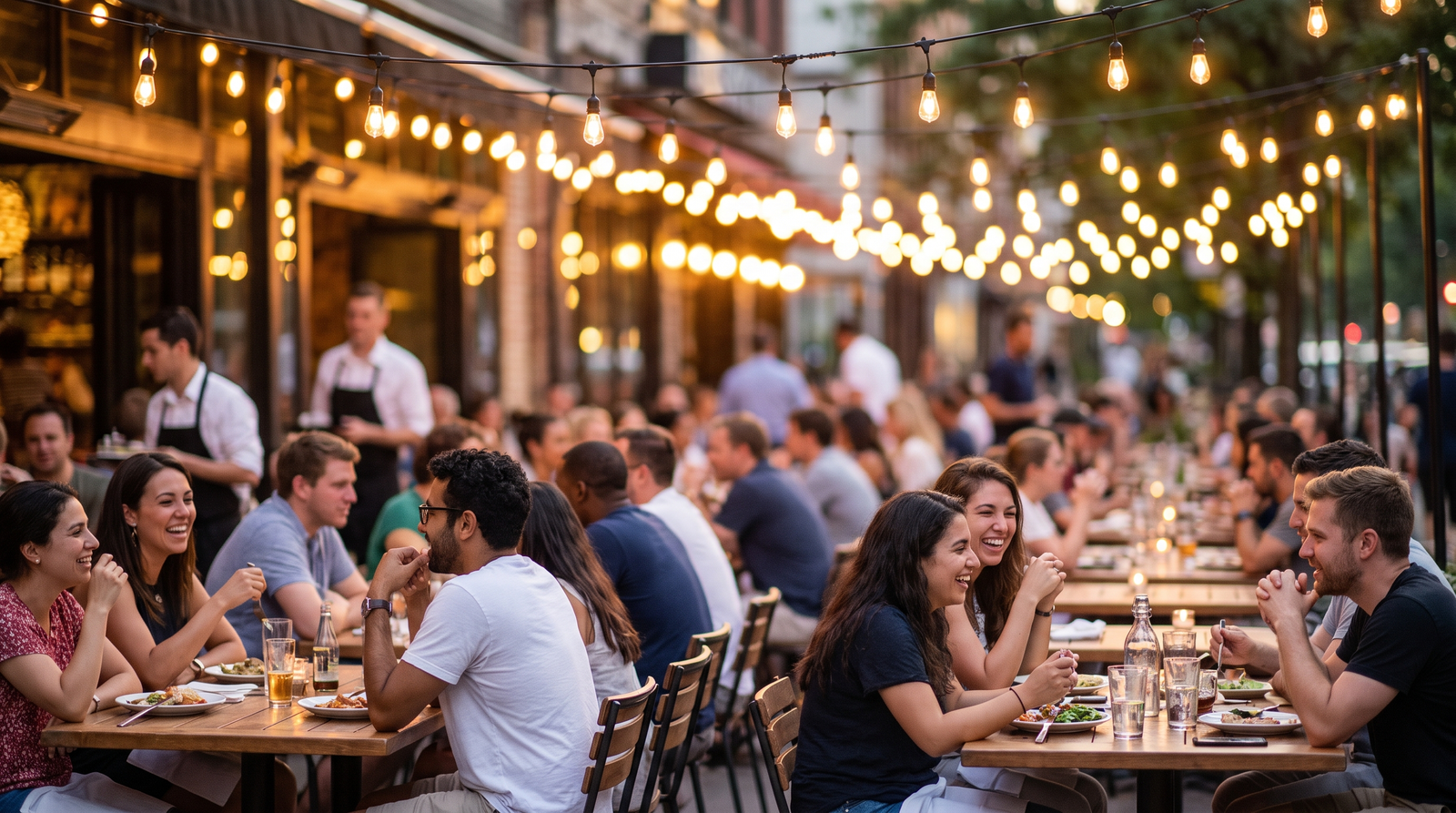 Restaurante local con mesas al aire libre en una calle de Puerto Vallarta