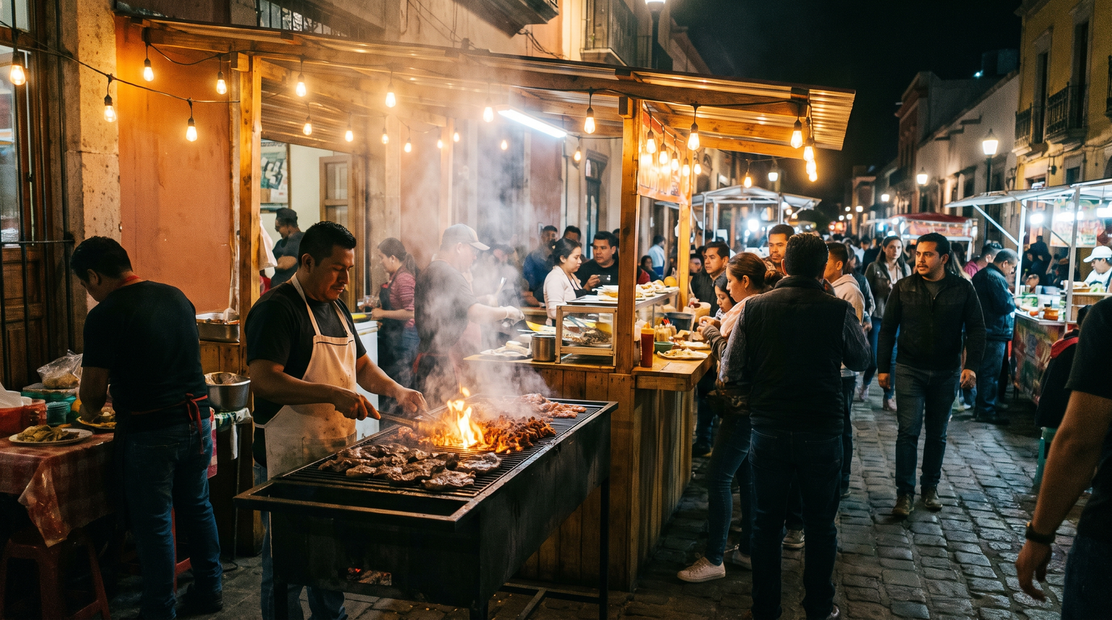 Puesto de tacos de barrio en Puerto Vallarta con clientes locales