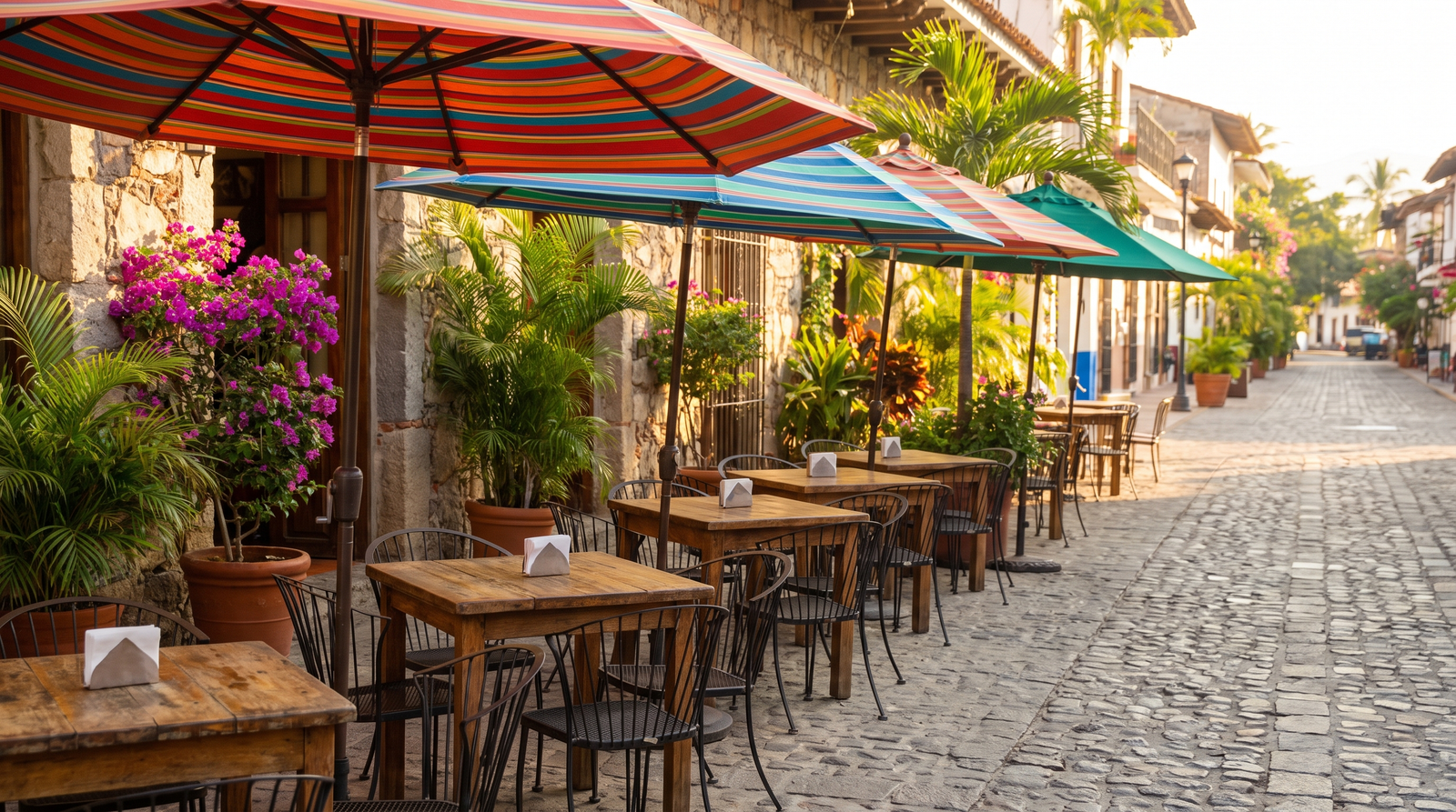 Calle empedrada de la Zona Romántica de Puerto Vallarta con restaurantes por la noche